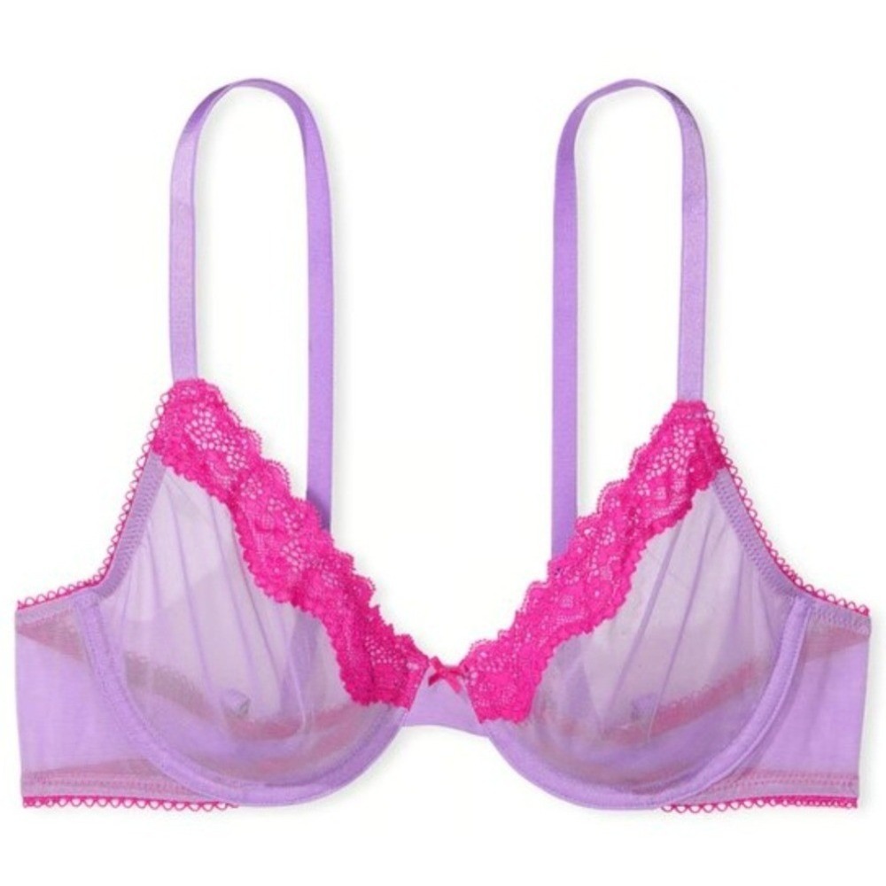 Victoria's Secret Tease Sheer Mesh Unlined Demi Bra Lace Trim Purple‎ Pink 32C